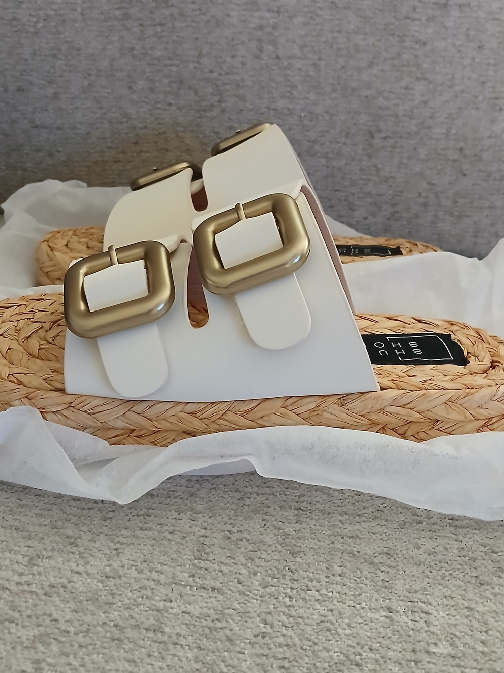 ShuShop White Double-Buckle Braided Slide Mules